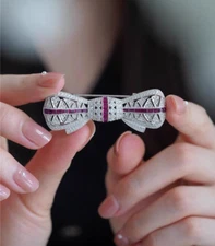 Lab-Created Pink Ruby Ribbon Bow Tie Pin Brooch 925 Sterling Silver Gift For Her