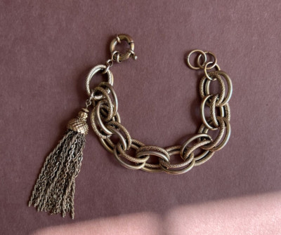 Gold Tone Double Loop Textured And Plain Links Tassel Charm Bracelet