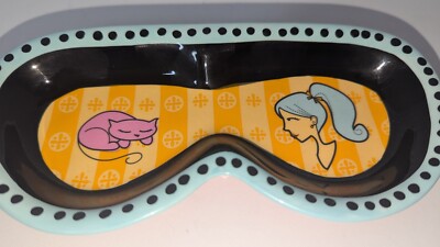 Russ Berrie Ceramic Eye Glass Holder Tray Pink Cat Blue Hair Lady  7 1/4'' Multi