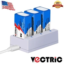 9V Rechargeable Li-ion Battery 800mAh VECTRIC 3 Pack with Smart Charger 