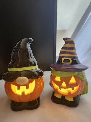 Mr. Pumpkin Ceramic LED Figurines, Gnome And Witch With New Batteries, Halloween