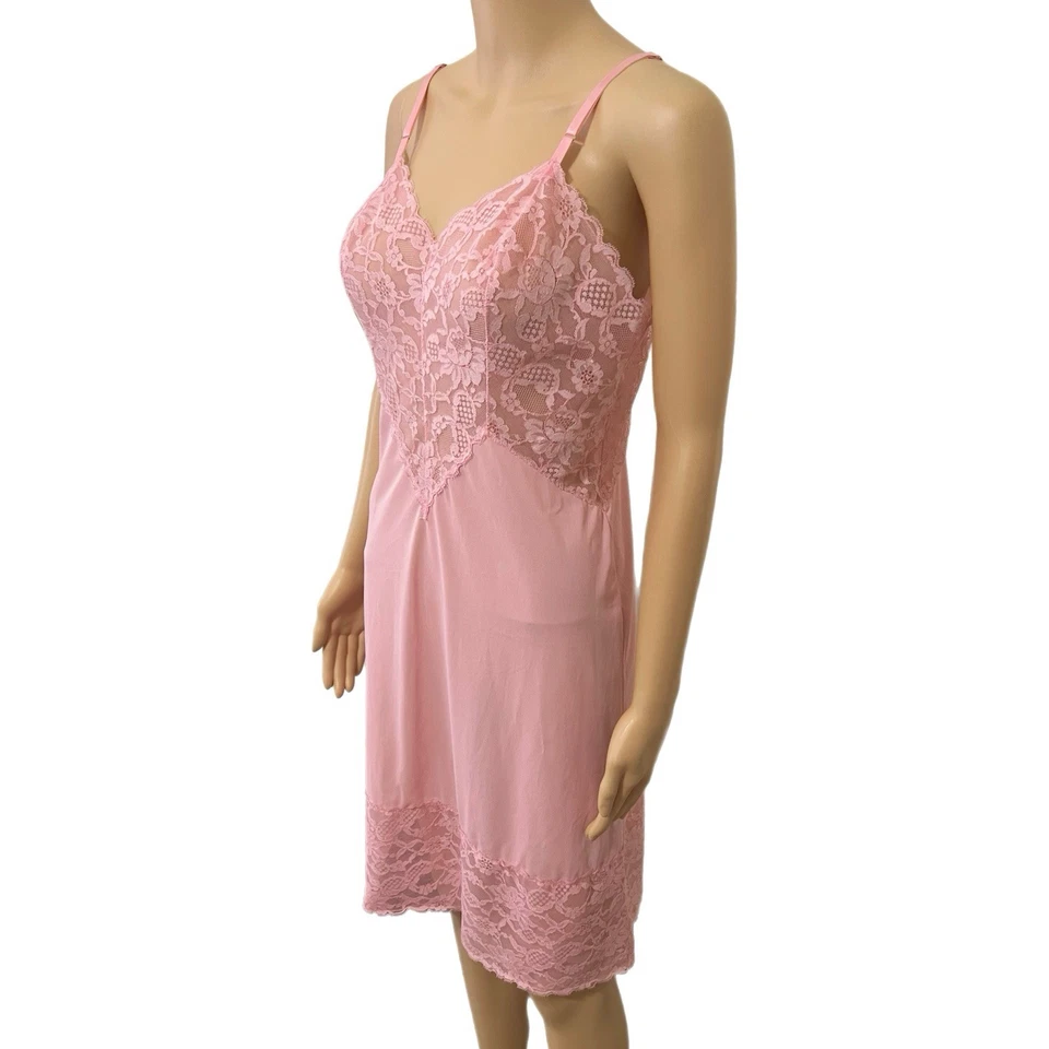 Vestido Lencería Vintage Vanity Fair Años 70 Rosa Nylon Encaje Ribete Sin Mangas - Talla 34 Foto 3 de 4