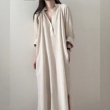 Dress Retro Casual Cotton V-neck Oversized Casual Lady Loose Long Shirt Blouse