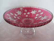 Fuß-Schale, Tafelaufsatz, Jardiniere Bleikristall Überfang rot, Blumen-Schliff
