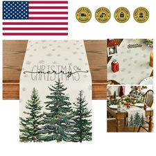 Beige Pine Tree Snowflake Merry Christmas Table Runner, Seasonal Winter Xmas ...