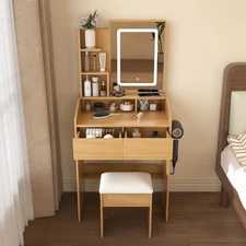 Small Makeup Vanity Table Stool Set W/ LED Mirror/Power Outlet/ Drawers Natural