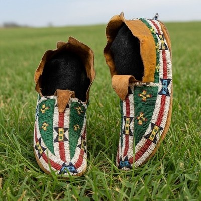 Native American Style Beaded Powwow Moccasins Green Multicolor Geometric MC622