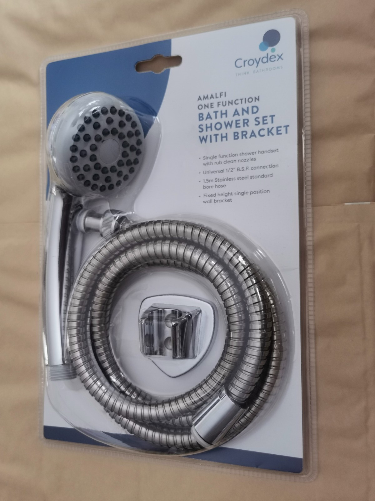 Croydex Amalfi Single Function Shower Set With Bracket S/S Shower Hose 1.5m