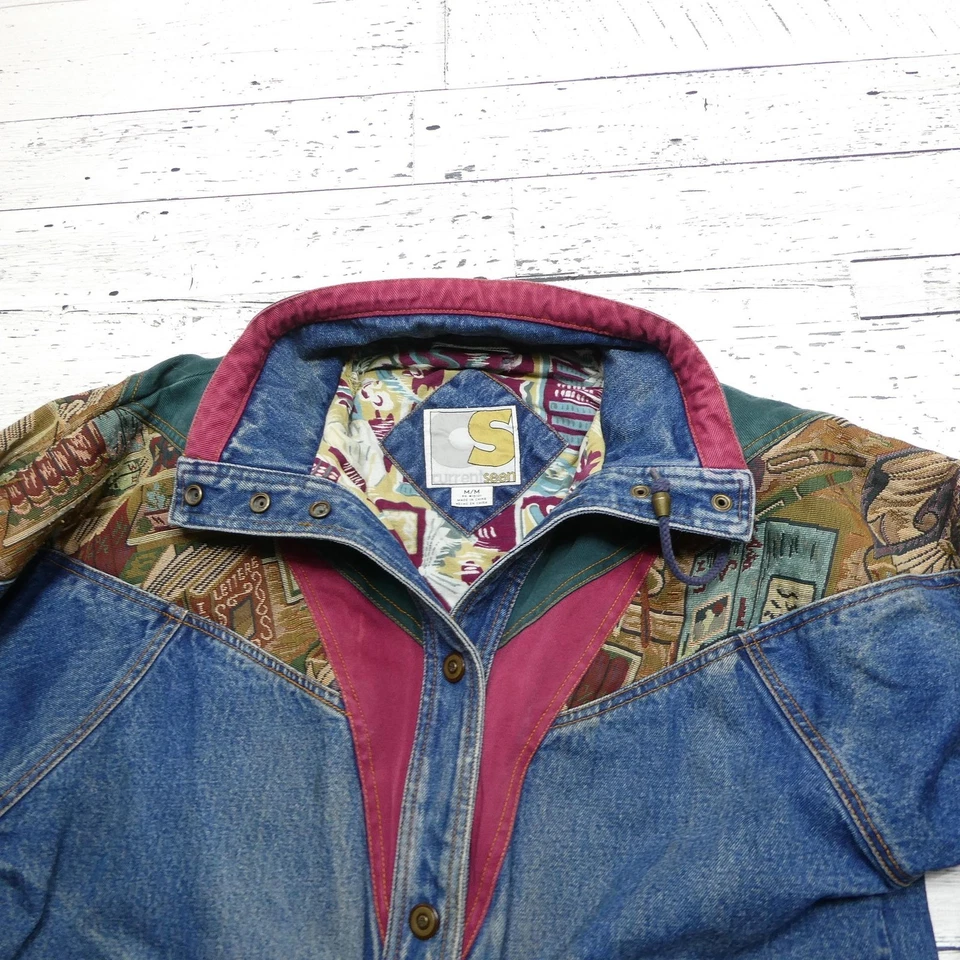 Vintage Current Seen Jacket Mens Medium Denim Colorblock Bomber Southwestern 90s - Image 2 of 4