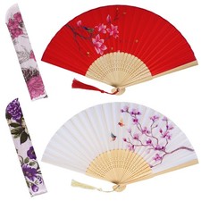 hoyuwak 2-Pack Silk Handheld Folding Fans with Frames - Red  White