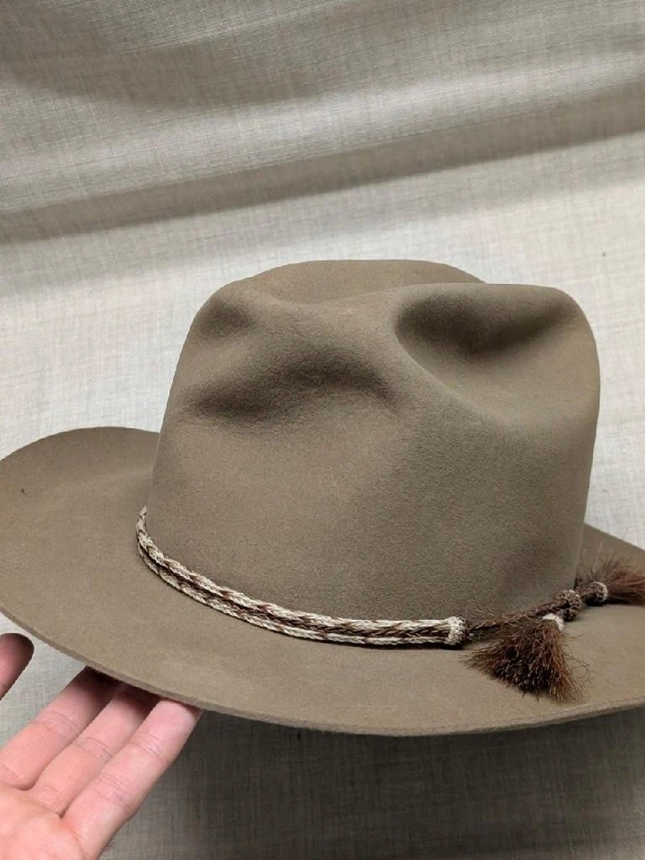 Sombrero de vaquero vintage MARRÓN 7-1/4 marrón fieltro de piel deportista largo ovalado western Foto 3 de 4