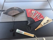 Lot of 4 Vintage Asian Folding Hand Fans Chinese Japanese Bamboo Fabric Paper