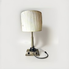 Brushed Silver Metal Table Lamp w/ White Drum Fabric Shade, Corded Rotary