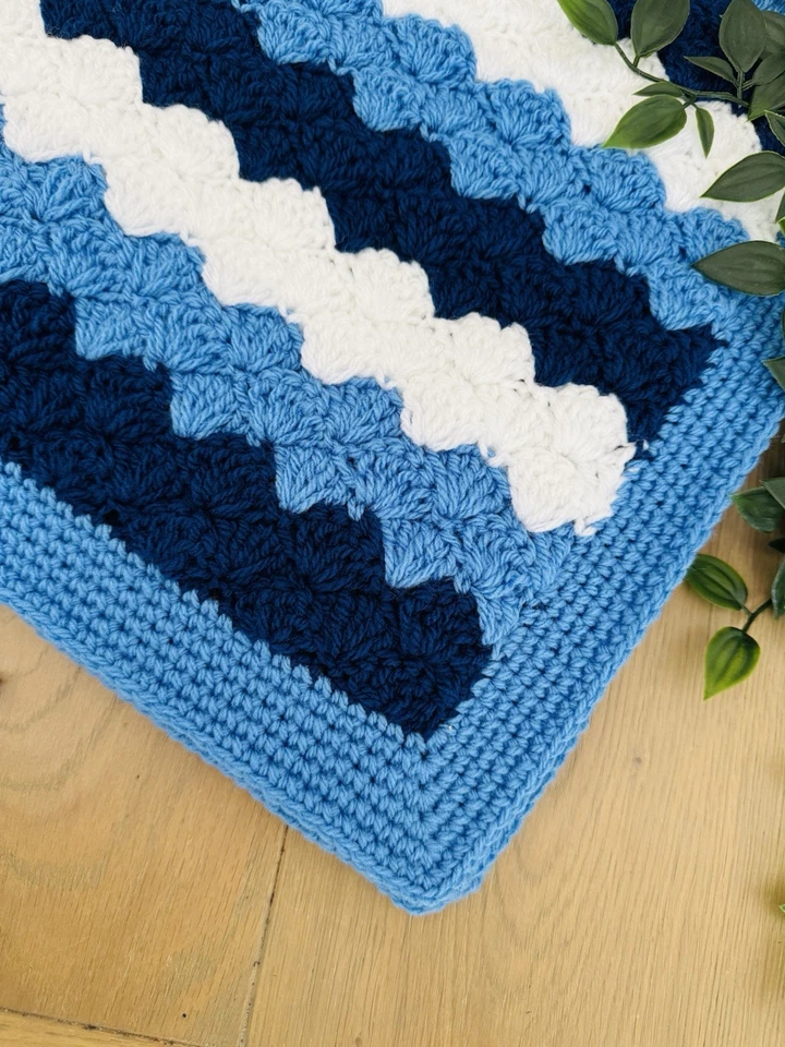 Handmade Crochet Baby Blanket Blue Boy Stripe Car Cot Floor Pram Gift Babyshower - image 2 of 4