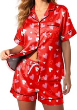 Womens Silky Pajama Sets Short Sleeve Loungewear 2 Pcs Satin Soft Pj Sets Button