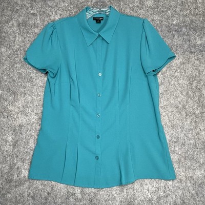 East 5th Button Front Short Sleeve Career Top Tulip Sleeve Womens M Retro Teal