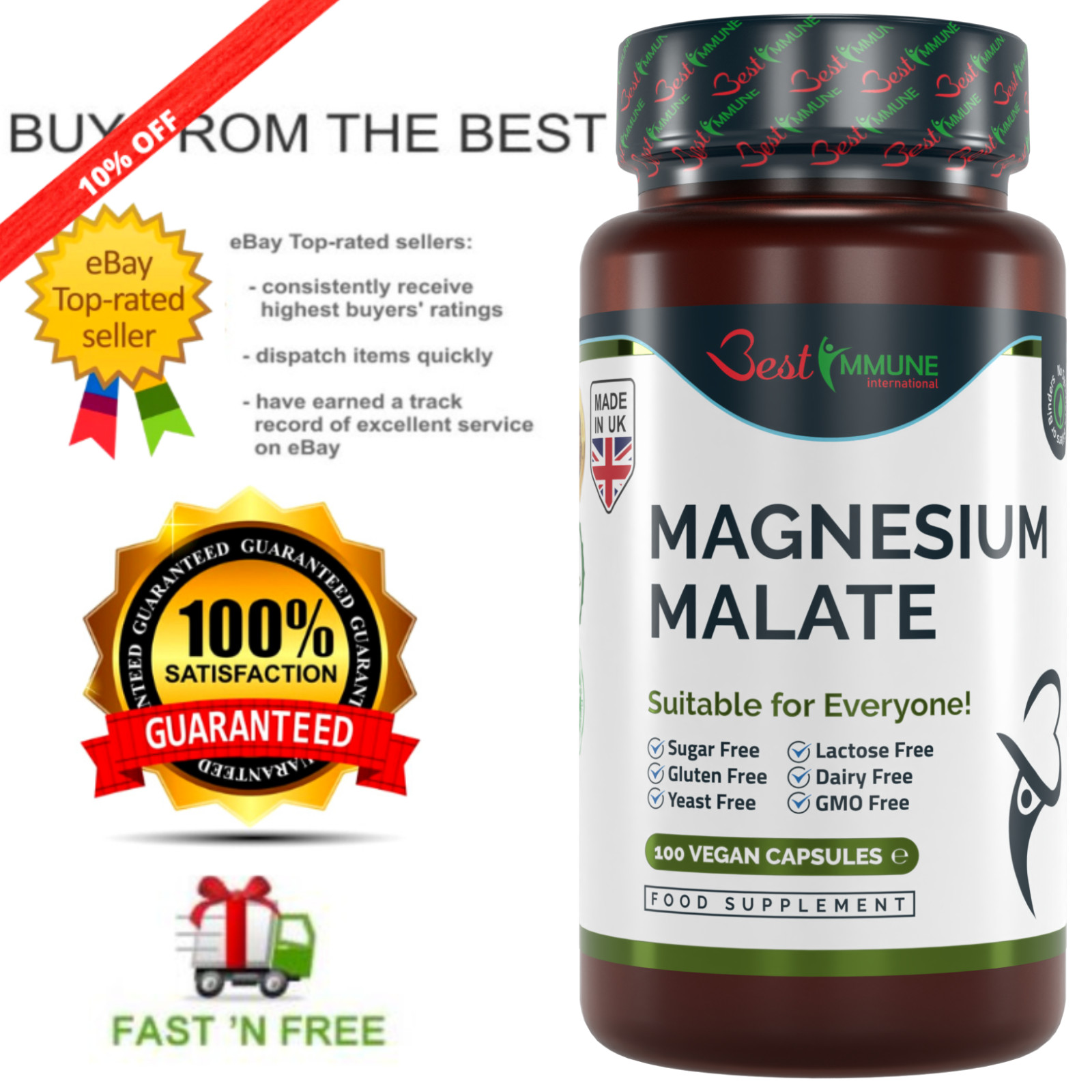 Malato de Magnesio Natural 500mg Calidad Premium 100 Cápsulas Veganas