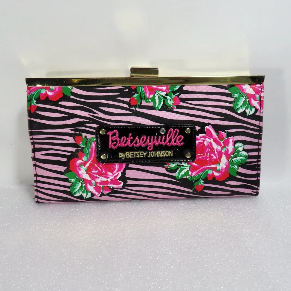 De colección Betsey Johnson Betseyville Bolso sin asas Cartera Cartera Negro Rosa Animal Cebra Rosa