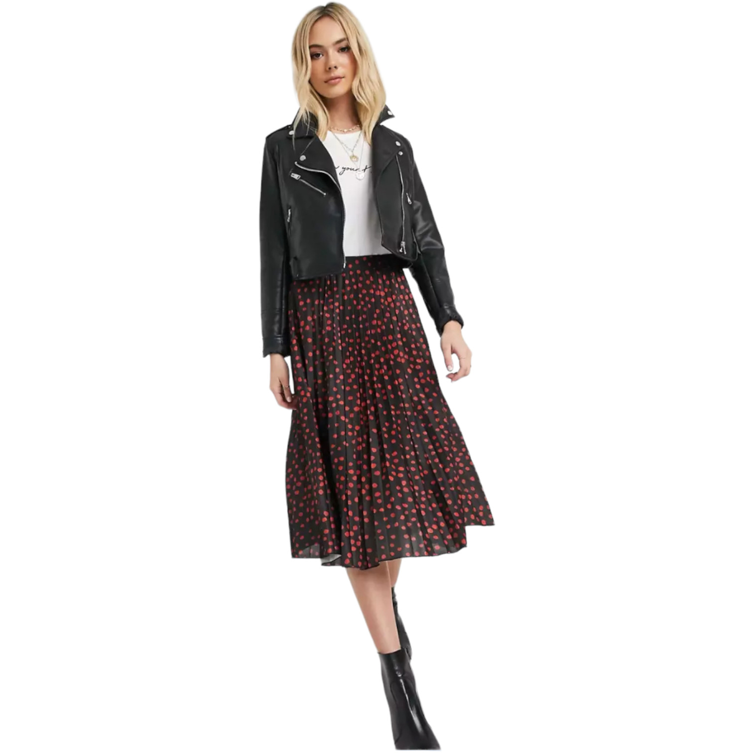 ASOS High Rise Pleated Polka Dot Midi Skirt Black Red Sz XS A line