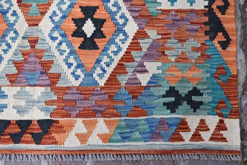 Alfombra Kilim de área tribal afgana tejida a mano 4x6 pies alfombra de lana tradicional oriental azul - Imagen 9 de 10