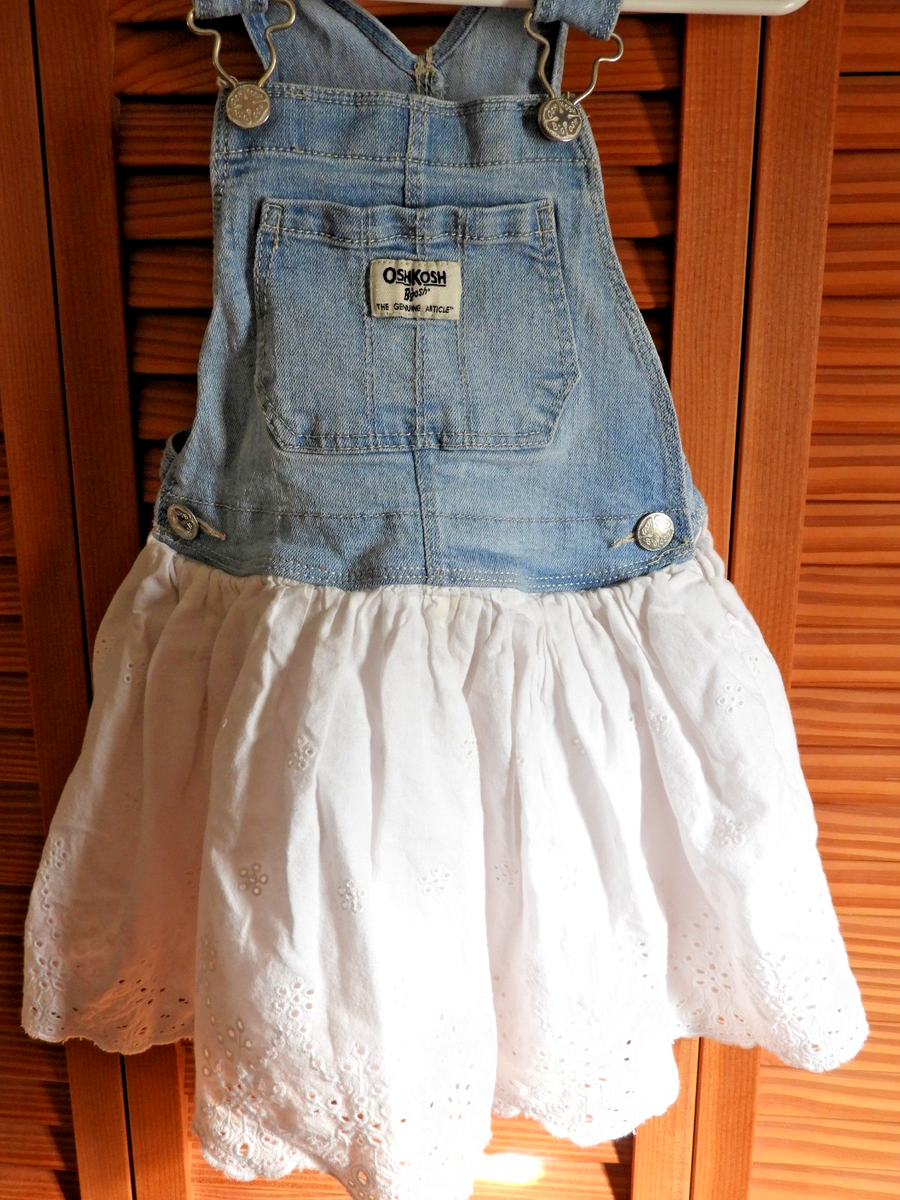 Oshkosh B'Gosh Overall Denim Dress White Eyelet Skirt Girls Size 4T