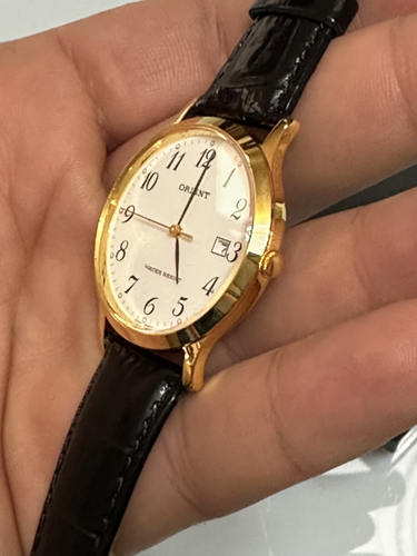 ORIENT LUN63004W0 OROLOGIO VINTAGE UOMO PELLE NERO DATA DORATO 35mm SOTTOCOSTO - Zdjęcie 6 z 9
