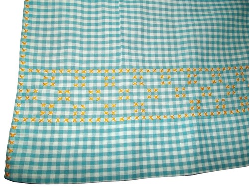 Vtg Half Apron Turquoise Blue White Gingham Check Print pockets tie back gold - Picture 7 of 7