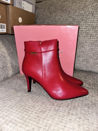 Allegra K Women's Pointed Toe Buckle Strap Stiletto Heels Ankle Boots Red