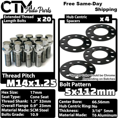 4x 5mm Thick 5x112 66.56mm C.B Wheel Spacer + 14x1.25 Chrome Bolt Fit Latest BMW