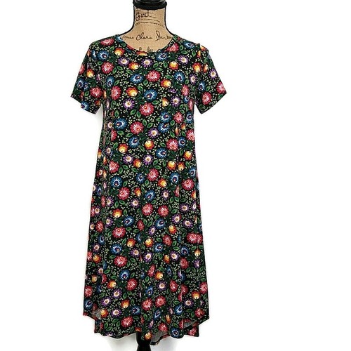 LulaRoe Damen Gr. XS Kleid Mehrfarbig Blumen Kurzarm Rundhals Midi Tshirt