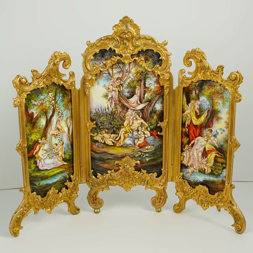 Antique Viennese Enamel on Copper, Gilt Bronze, Miniature Tryptic Screen 17"