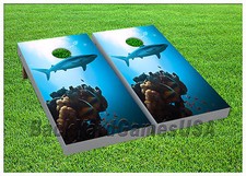 CORNHOLE BEANBAG TOSS GAME Ocean Blue Shark w Bags Game Boards Set 1046