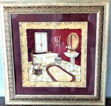 Bathroom Picture Red & Gold Print Framed 18" X 18" Salon Rouge 1 C. Winter Olson