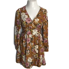 Xhilaration Cute Mustard Orange Floral Dress ~ Sz S ~ Above Knee ~ Long Sleeve