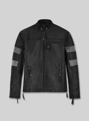 Men's Black Biker Leather Jacket Arm Striped Handmade Quilted Jacket NEW BIker