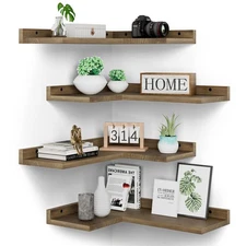 EOSTBE Floating Corner Shelves Set of 4 Rustic Pine Wooden Floating Corner Wa...