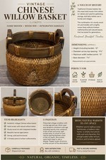 Vintage Chinese Willow Basket Hand Woven Wood Rim Handles Asian Primitive Decor