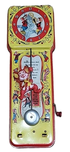 Vintage Mattel Tin Litho Wind-Up Toy ~HICKORY DICKORY DOCK~ Musical Clock Toy