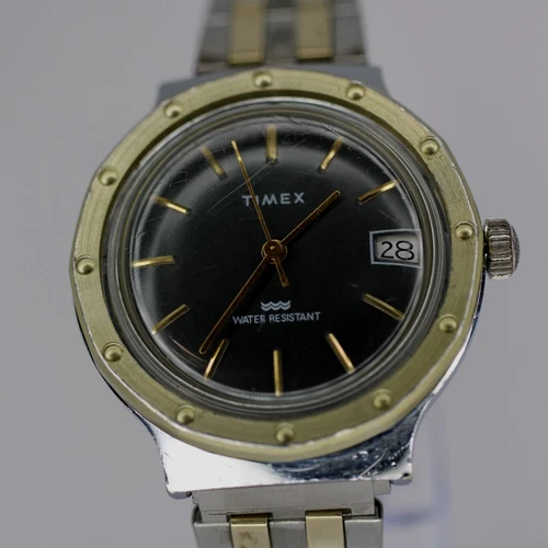Vtg Timex Marlin Royal Oak Watch Men Silver Gold Tone Date Adj Band Manual Wind