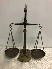 Vintage Brass  Balance Beam Scales with 6 Brass Weights & Pans 25 cm Tall