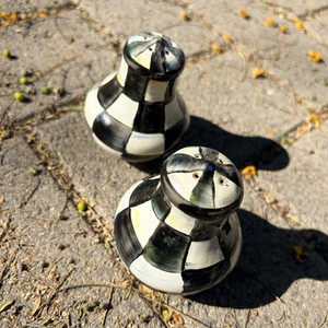 Mackenzie Childs Black & White Checkered Ceramic Salt & Pepper Shakers Set of 2