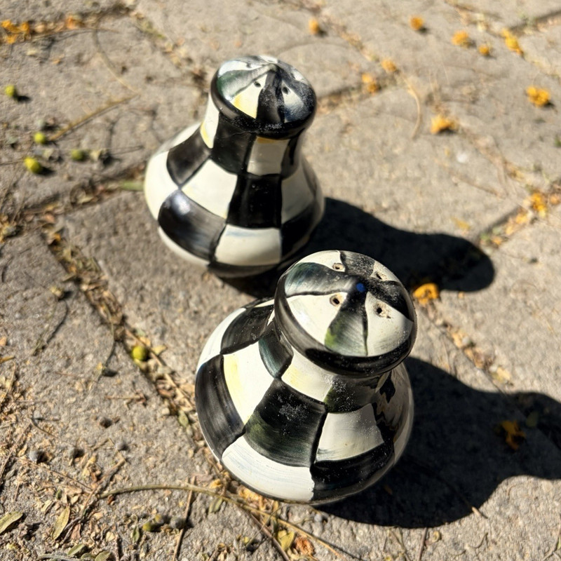 Mackenzie Childs Black & White Checkered Ceramic Salt & Pepper Shakers Set of 2