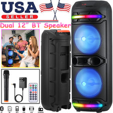 Portable Bluetooth Dual 12'' Speaker SubWoofer Heavy Bass Party Sound System Mic