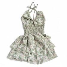 SHEIN Floral Halter Smocked Tiered Ruffle Mini Dress Green XS faircore