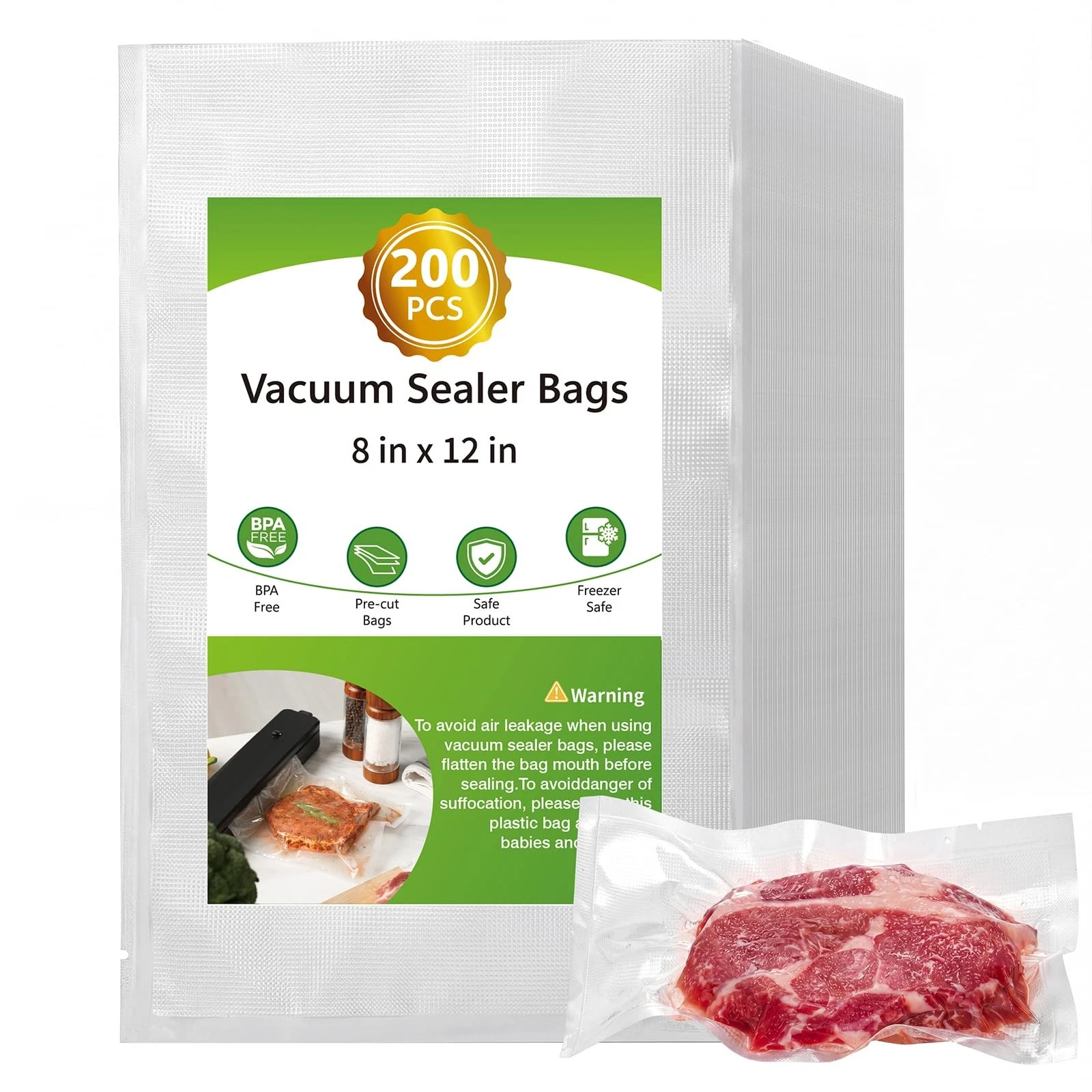 Vacuum Sealer Bags for Food, 200pcs Food Saver Seal 8" x 12", Clear
