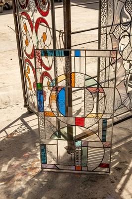 Stained Glass Abstract Panel  Beveled Tiffany Style Window 21 by 12 in