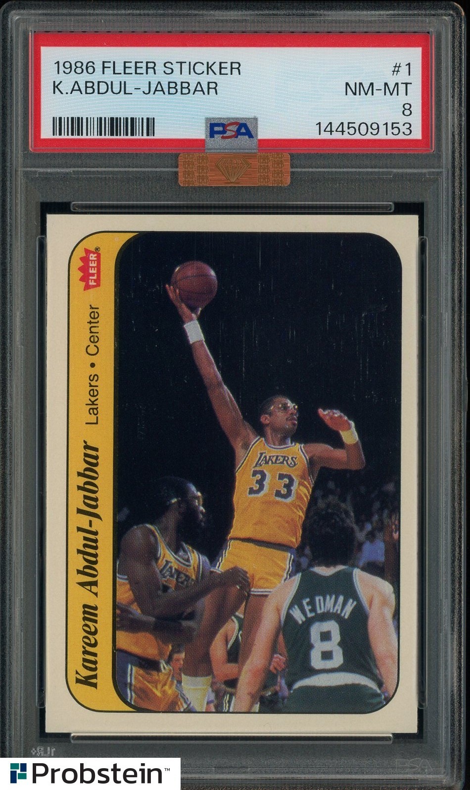 1986-87 Fleer Sticker #1 Kareem Abdul-Jabbar HOF PSA 8 MBA SUPERIOR EYE APPEAL