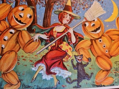 Halloween Antique Postcard Pretty Witch Dances W/ JOL Pumpkin Veggie Guys Nice!