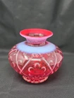 Fenton Art Glass Cranberry Opalescent Vase White Scroll Hand Blown 7”
