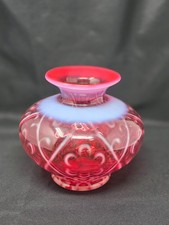 Fenton Art Glass Cranberry Opalescent Vase White Scroll Hand Blown 7